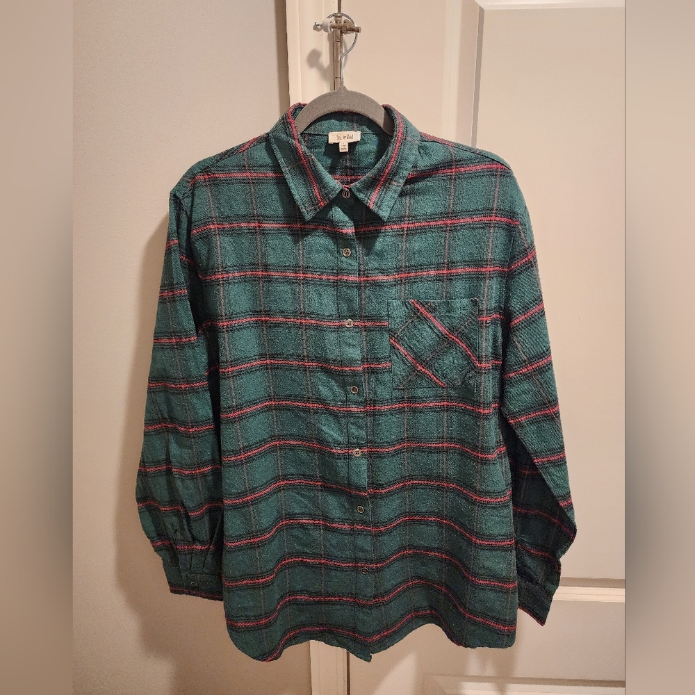 LA MIEL Forest Green and Crimson Plaid Shirt